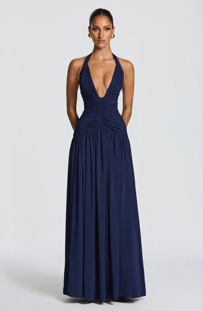 Fließendes Ärmelloses Maxikleid Marineblau Salbei Gelb