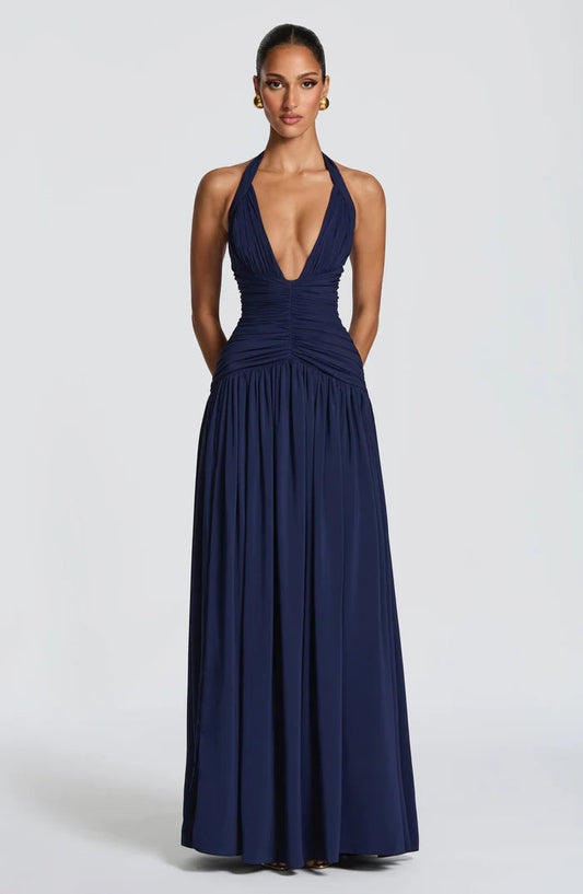 Fließendes Ärmelloses Maxikleid Marineblau Salbei Gelb