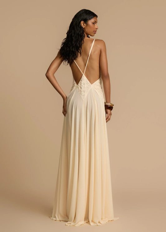 Weißes tief V-Ausschnitt Spitzen-Maxikleid fließendes Sommer-Cami