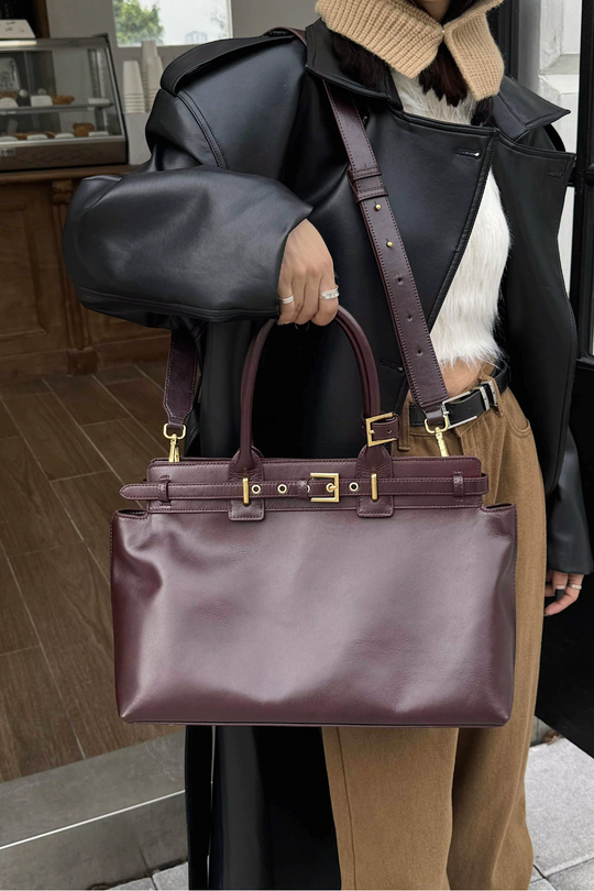 LuxeBel Bordeaux | Luxuriöse große Handtasche aus veganem Leder mit goldenen Details für Damen