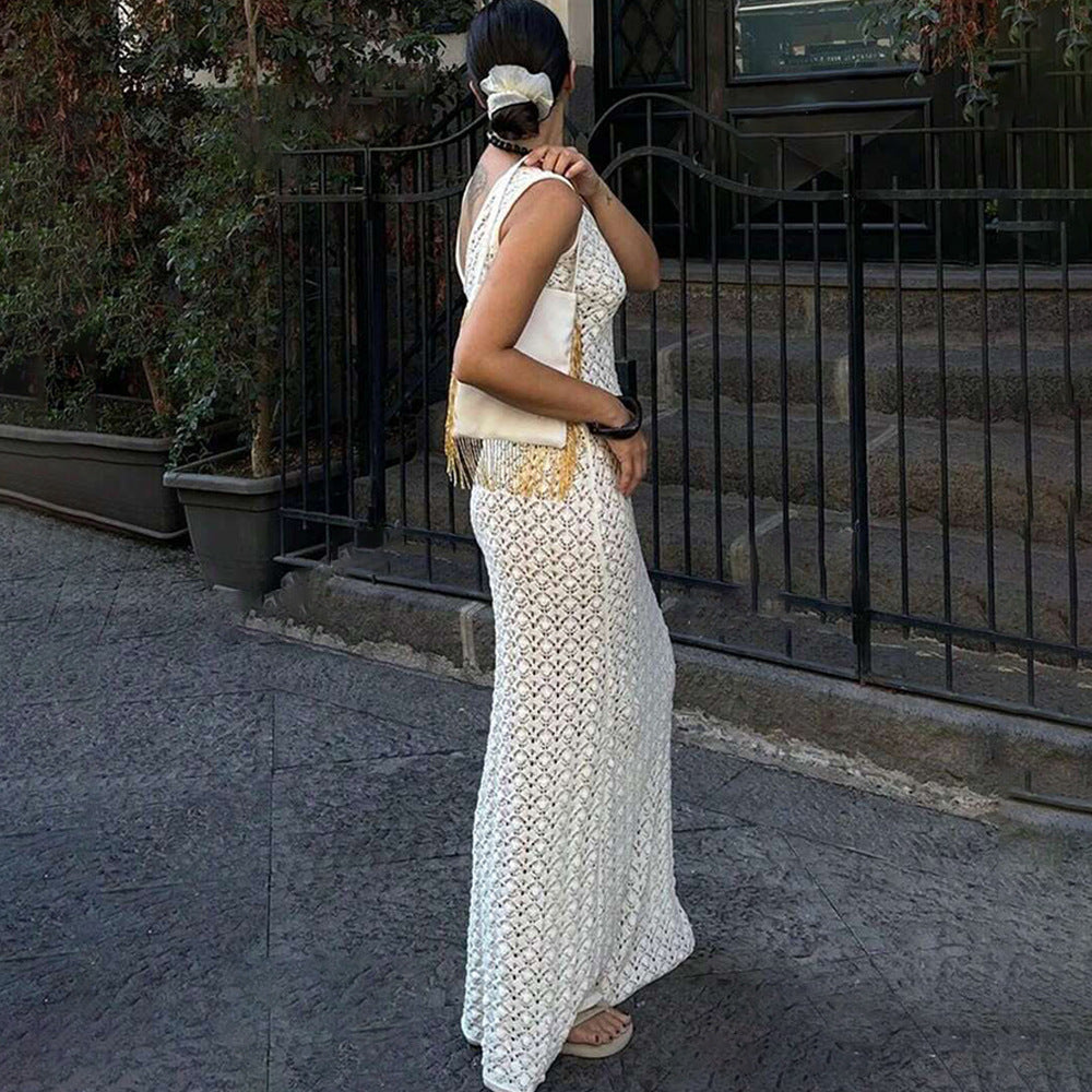 Häkel-Maxikleid mit offenem Rücken Weiß