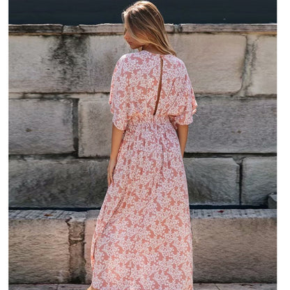 Puderrosa Boho Maxi-Kleid mit Schlitz