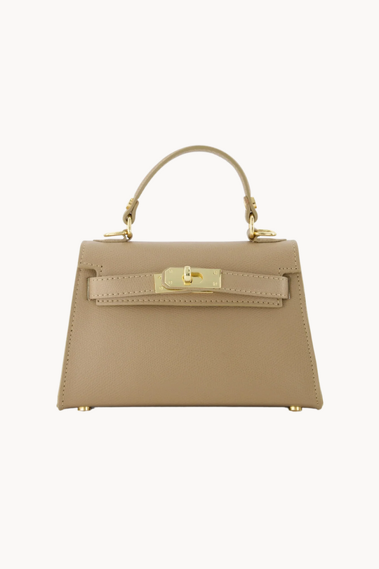 Kalie Taupe | Elegante Mini Handtasche aus veganem Leder mit Goldverschluss für Damen