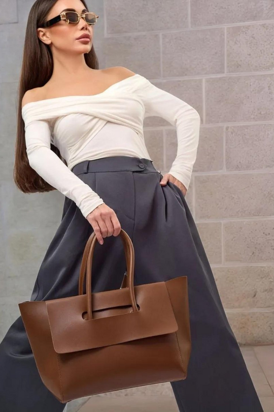 Monel Cognac | Elegante große Handtasche aus veganem Leder mit Magnetverschluss für Damen