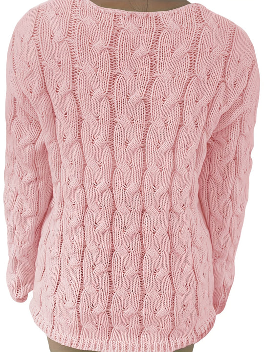 Grob gestrickter V-Ausschnitt Pullover mit Zopfmuster für Damen