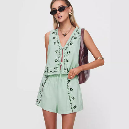 Damen luftiges zweiteiliges Sommer-Set mit Blumenstickerei