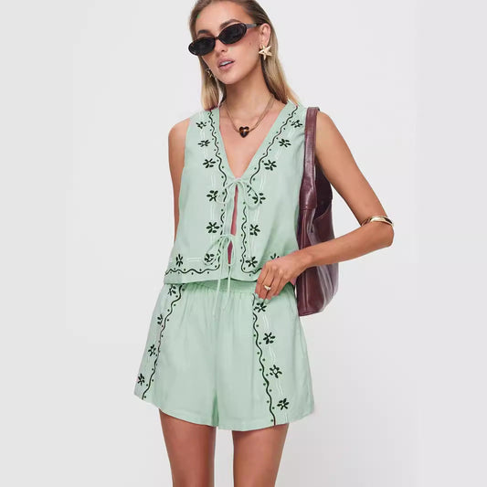 Damen luftiges zweiteiliges Sommer-Set mit Blumenstickerei