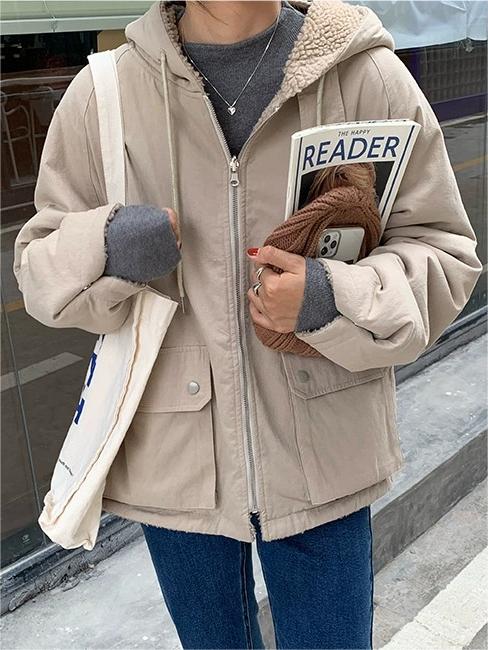 Damen Wendejacke Mit Kapuze Und Reißverschluss