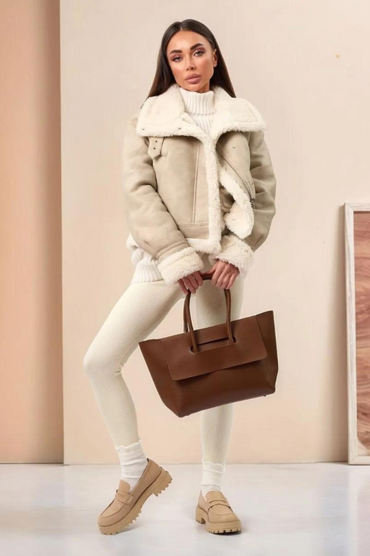 Monel Cognac | Elegante große Handtasche aus veganem Leder mit Magnetverschluss für Damen