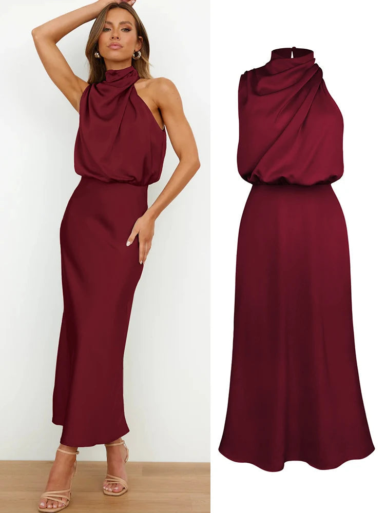 Damen Satin Midikleid mit asymmetrischem Ausschnitt
