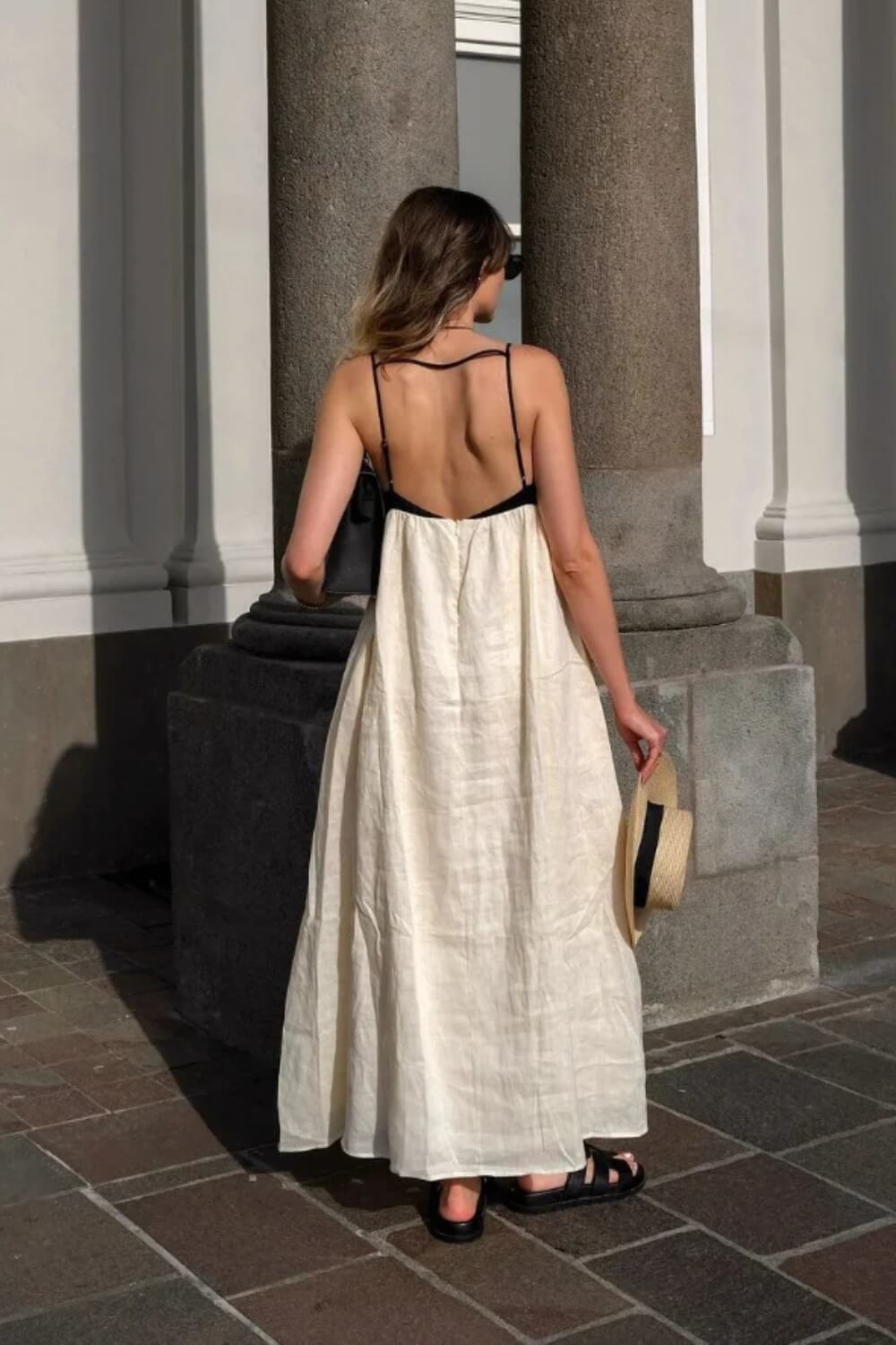 Midikleid aus Leinen-Baumwoll-Mischung für Damen, Schwarz und Weiß
