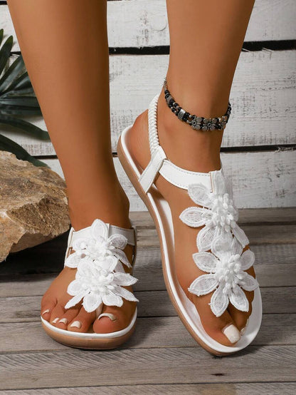 Damen Sandalen Mit Blumenapplikation Und Fersenriemen