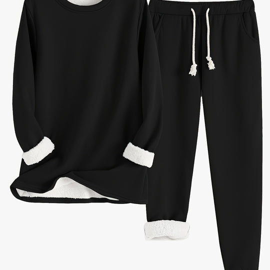 Zweiteiliges Fleece-Set mit Rundhalsausschnitt und Hose für Damen