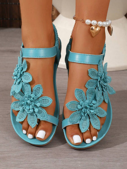 Damen Sandalen Mit Blumenapplikation Und Fersenriemen
