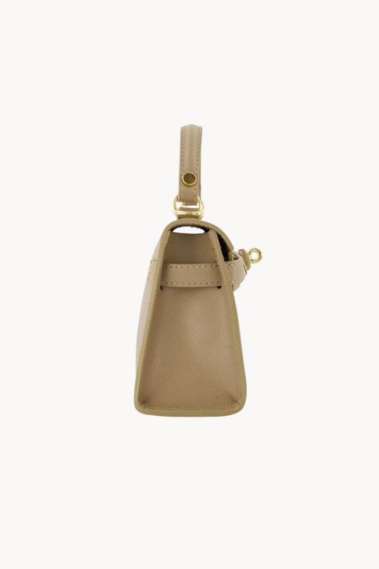 Kalie Taupe | Elegante Mini Handtasche aus veganem Leder mit Goldverschluss für Damen