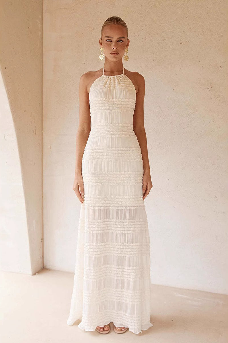 Damen Maxikleid aus Chiffon mit Halterneck und Taillengürtel in voller Länge