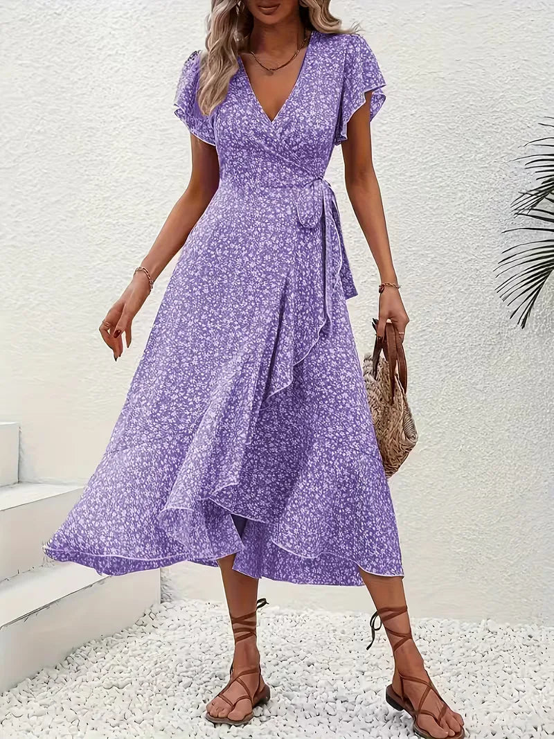 Midi-Wickelkleid mit Blumenmuster und asymmetrischem Saum