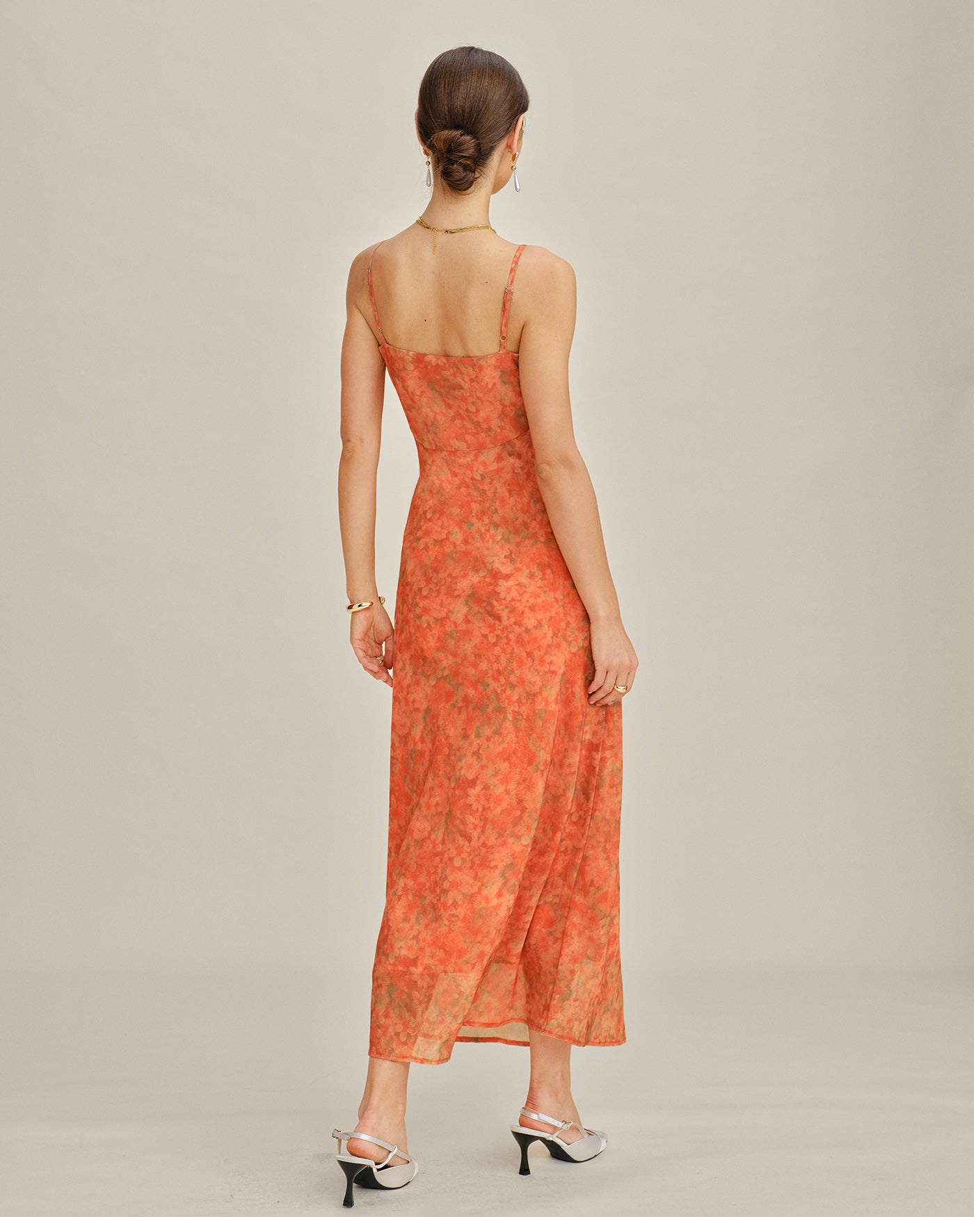 Maxikleid mit Blumendruck, Polyester, A-Linie, Orange