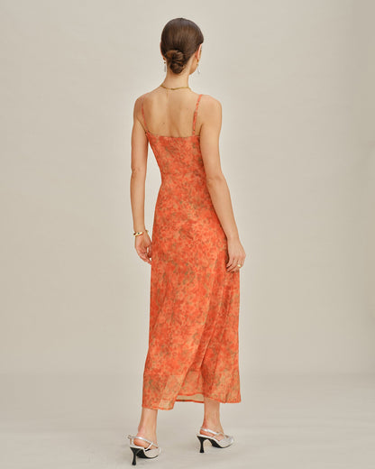 Maxikleid mit Blumendruck, Polyester, A-Linie, Orange