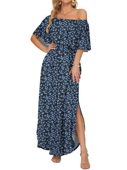 Damen Blumenmuster Schulterfreies Sommer Maxikleid