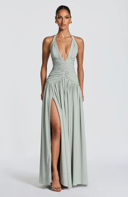 Fließendes Ärmelloses Maxikleid Marineblau Salbei Gelb