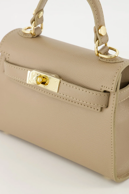 Kalie Taupe | Elegante Mini Handtasche aus veganem Leder mit Goldverschluss für Damen