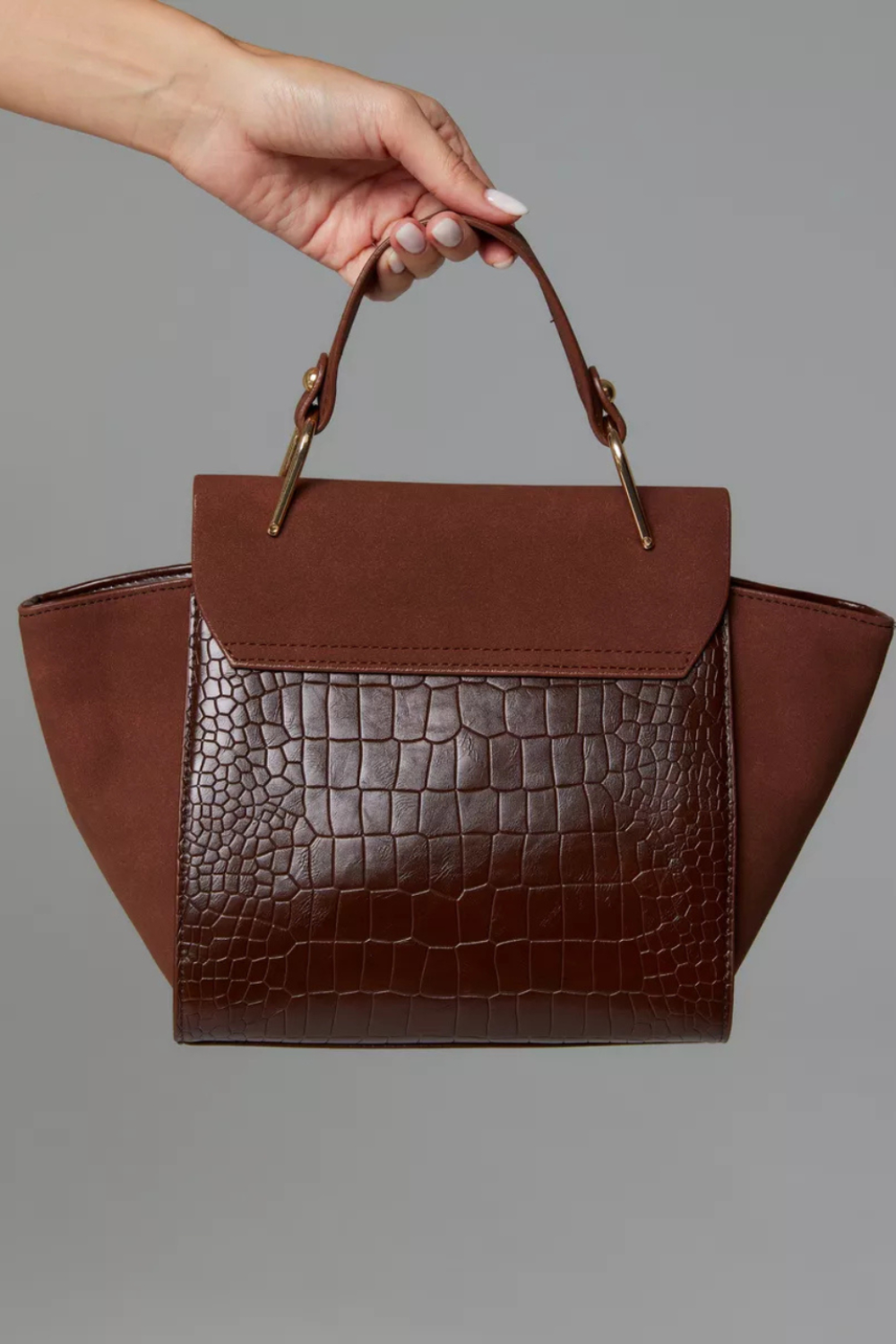 Vittora Chocolat | Elegante Handtasche aus veganem Leder mit Kroko-Prägung und goldenen Details für Damen