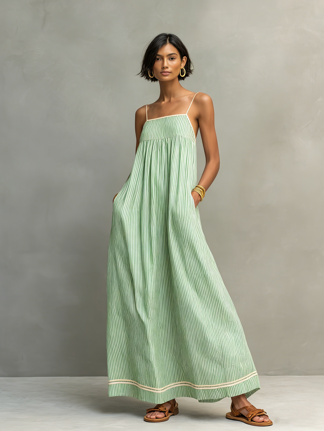 Gestreiftes Maxikleid mit weitem Schnitt und Spaghettiträgern