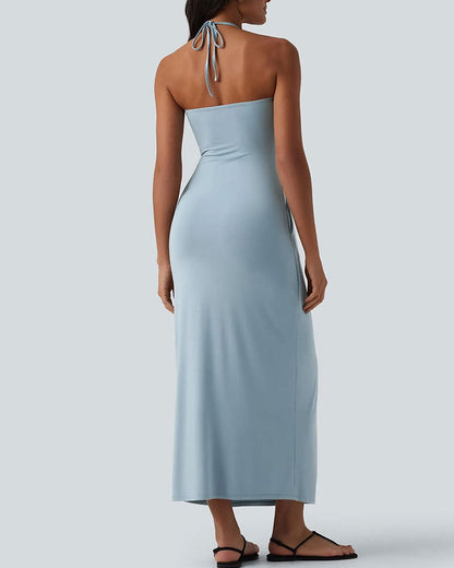 Damen Maxikleid mit Halterkragen und Drapierung in Seitenansicht