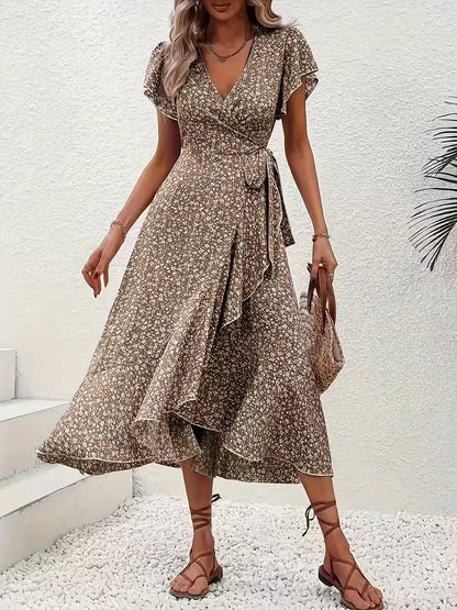 Midi-Wickelkleid mit Blumenmuster und asymmetrischem Saum