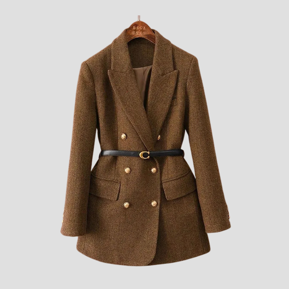 Damen Tweed Mantel Mit Doppelreihigem Design