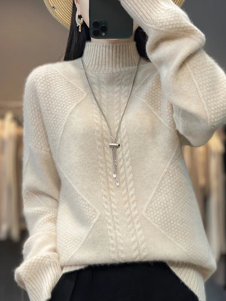 Damen Rollkragenpullover Mit Zopfmuster