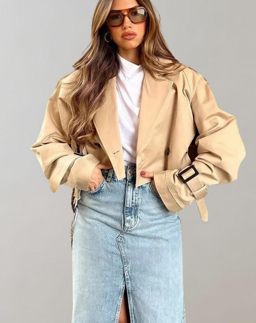 Damen Kurzer Trenchcoat Mit Gürtel Und Langen Ärmeln