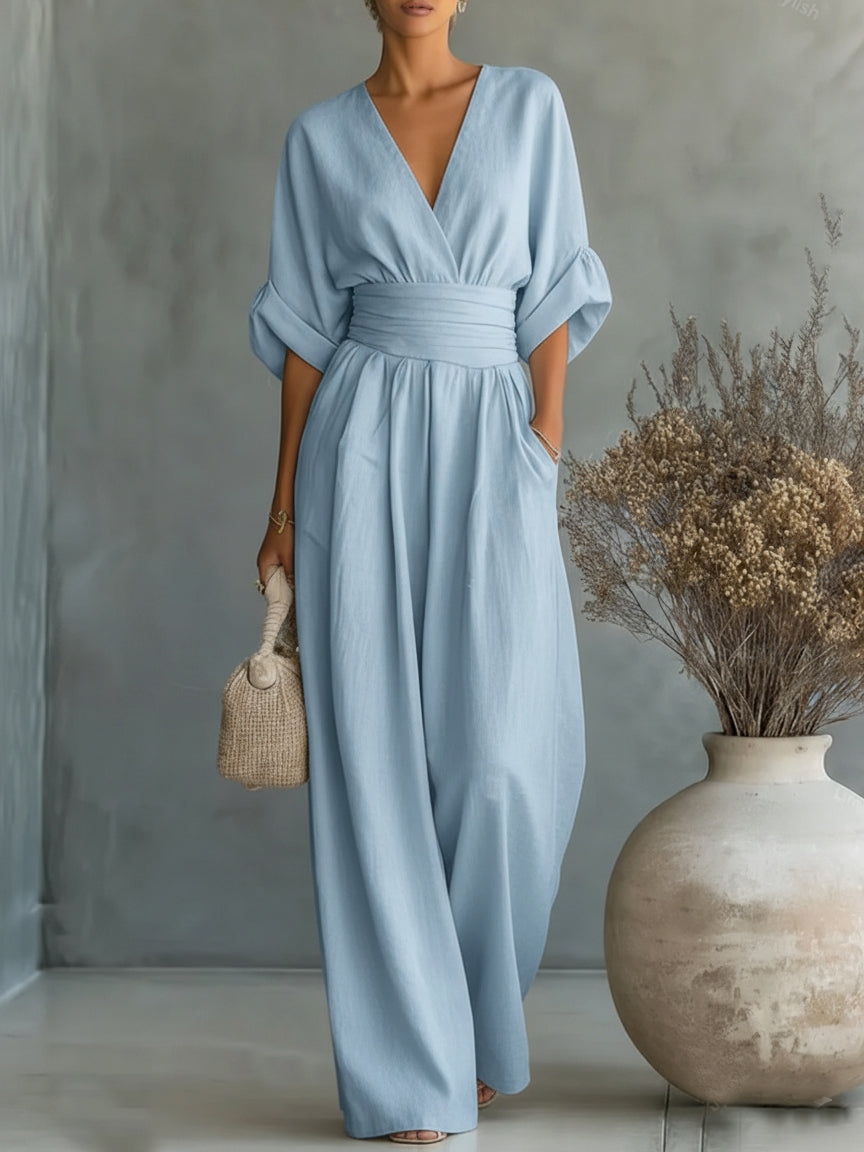 Eleganter Overall mit V-Ausschnitt, hoher Taille und lockerem Sitz für Damen