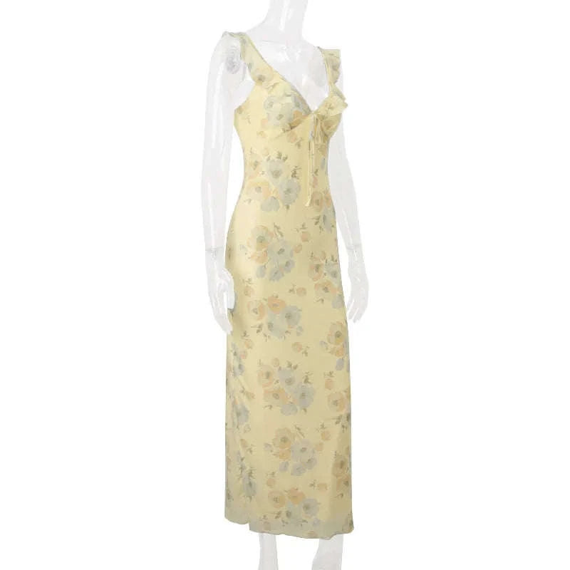 Florales Maxikleid mit tiefem V-Ausschnitt und offenem Rücken Sommerkleid