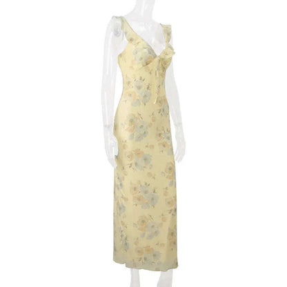 Florales Maxikleid mit tiefem V-Ausschnitt und offenem Rücken Sommerkleid