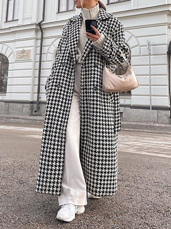 Damen Hahnentritt Trenchcoat Mit Bindegürtel