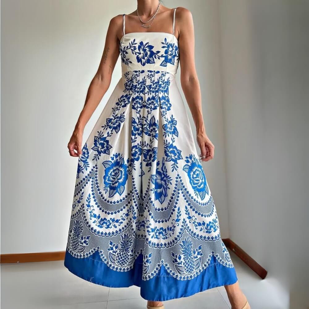 Polyester Spaghettiträger Midikleid Blau