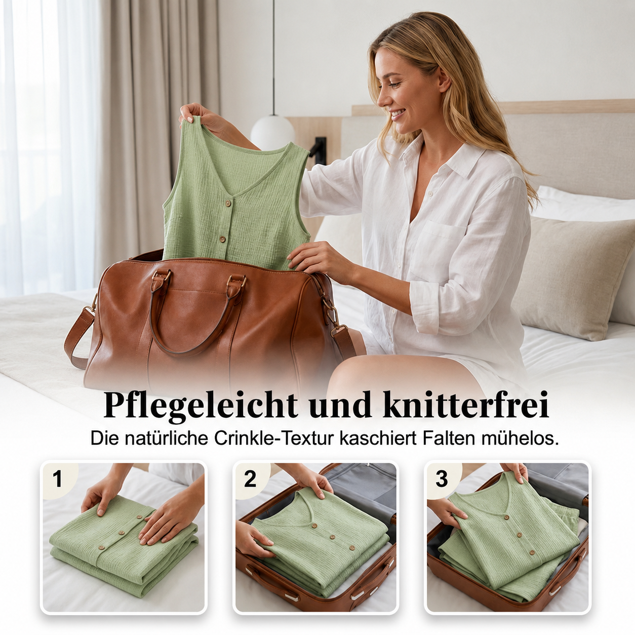Leichtes Crinkle-Zweiteiler-Set mit Knopfleiste