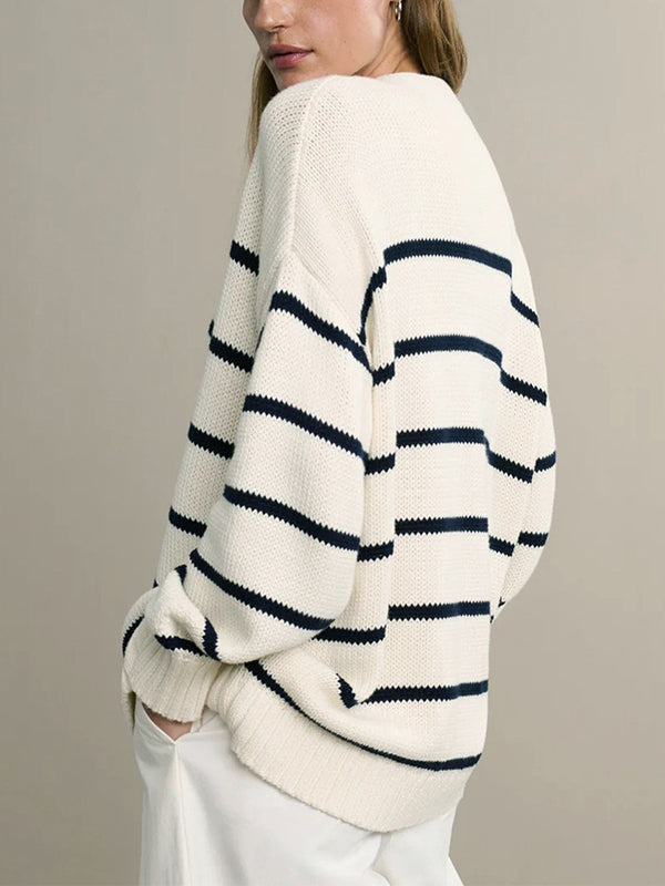 Damen Gestreifter Cardigan Mit V-Ausschnitt Und Knopfleiste