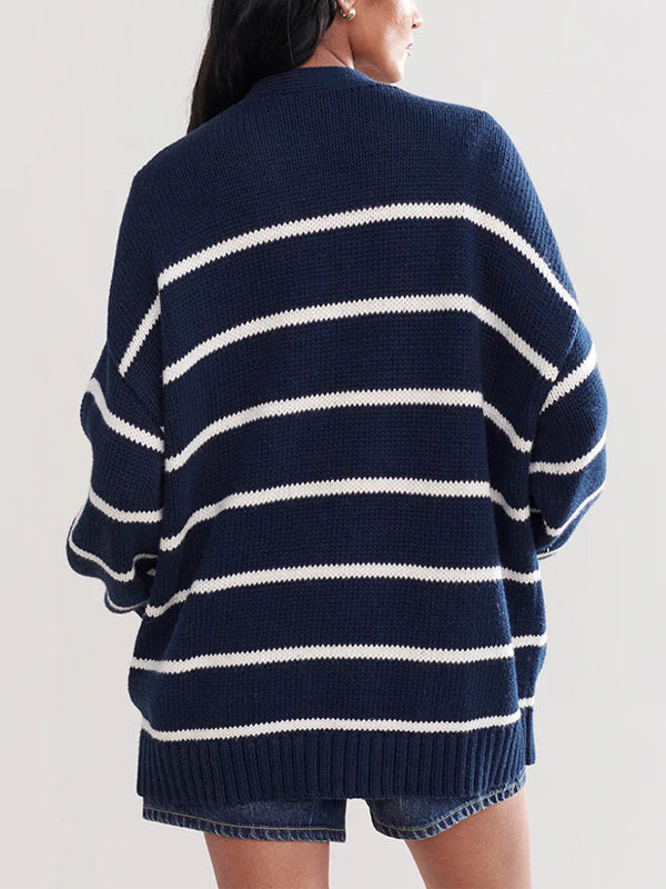 Damen Gestreifter Cardigan Mit V-Ausschnitt Und Knopfleiste