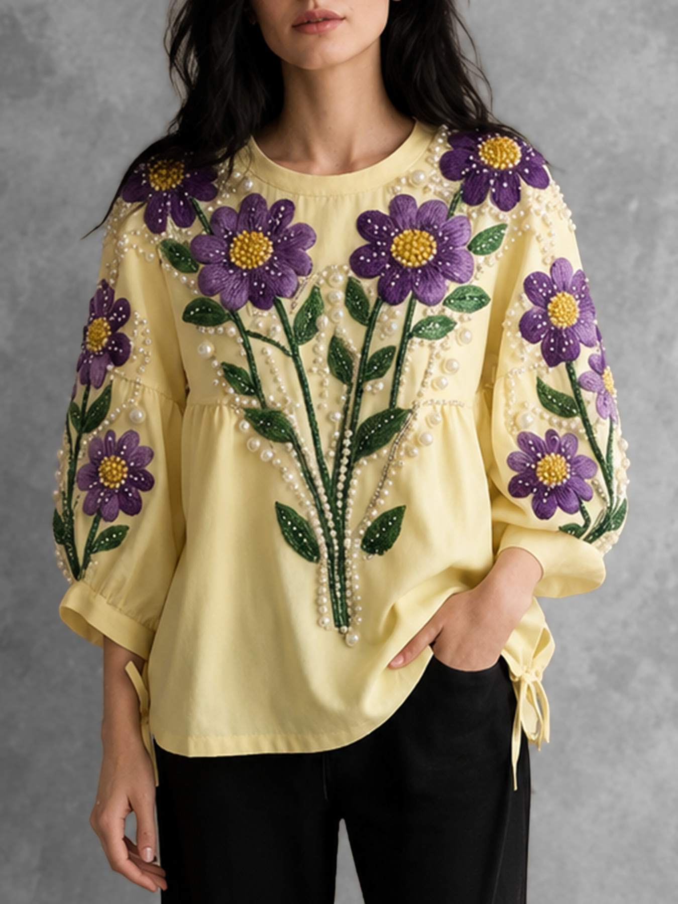 Damen Bluse Mit Stickerei Und Puffärmeln Gelb