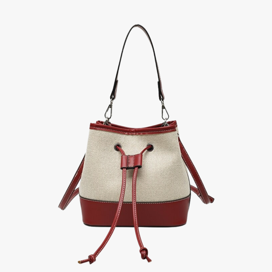 Canvas-Eimer-Tasche mit veganem Lederbesatz und Kordelverschluss