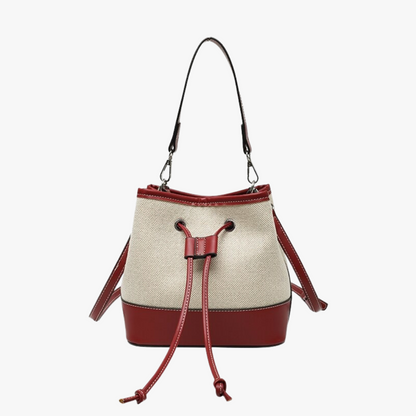 Canvas-Eimer-Tasche mit veganem Lederbesatz und Kordelverschluss