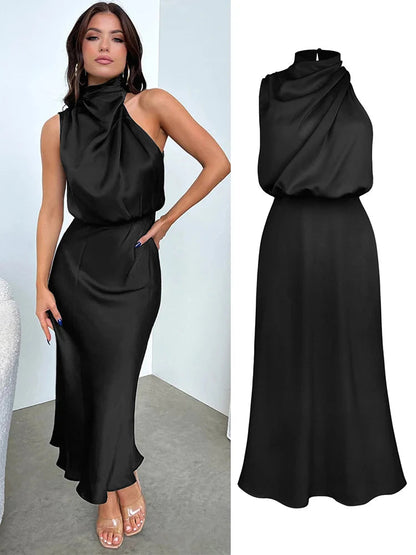 Damen Satin Midikleid mit asymmetrischem Ausschnitt
