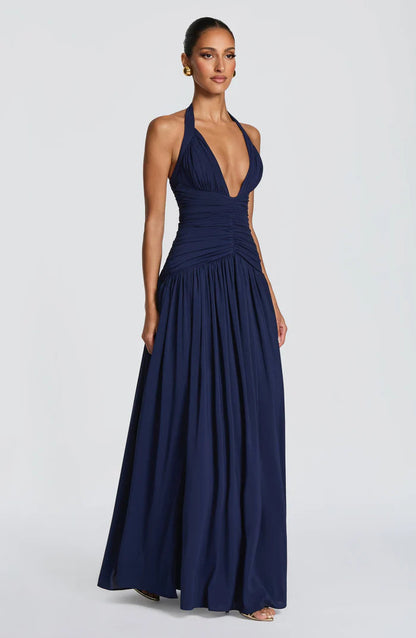 Fließendes Ärmelloses Maxikleid Marineblau Salbei Gelb