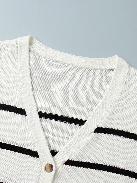 Damen Gestreifter Cardigan Mit V-Ausschnitt Und Knopfleiste