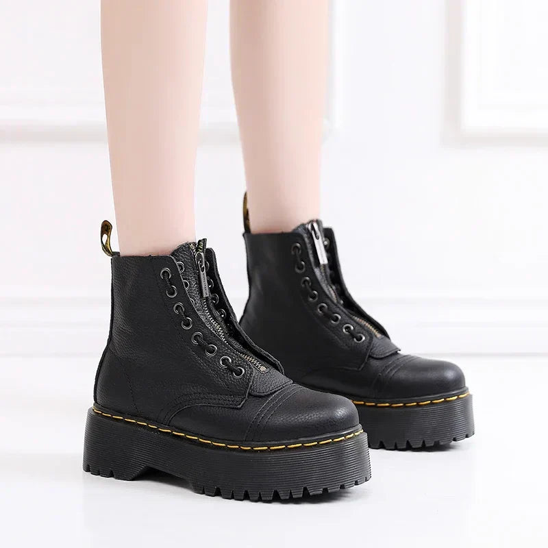 Damen Lederstiefel Mit Plateau Sohle