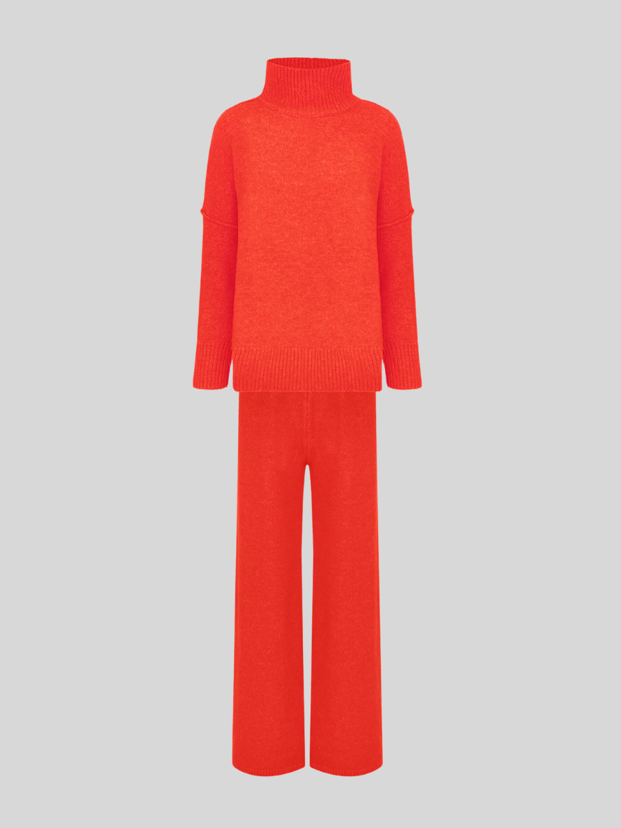 Damen Strick Set Mit Rollkragen Und Weiter Hose