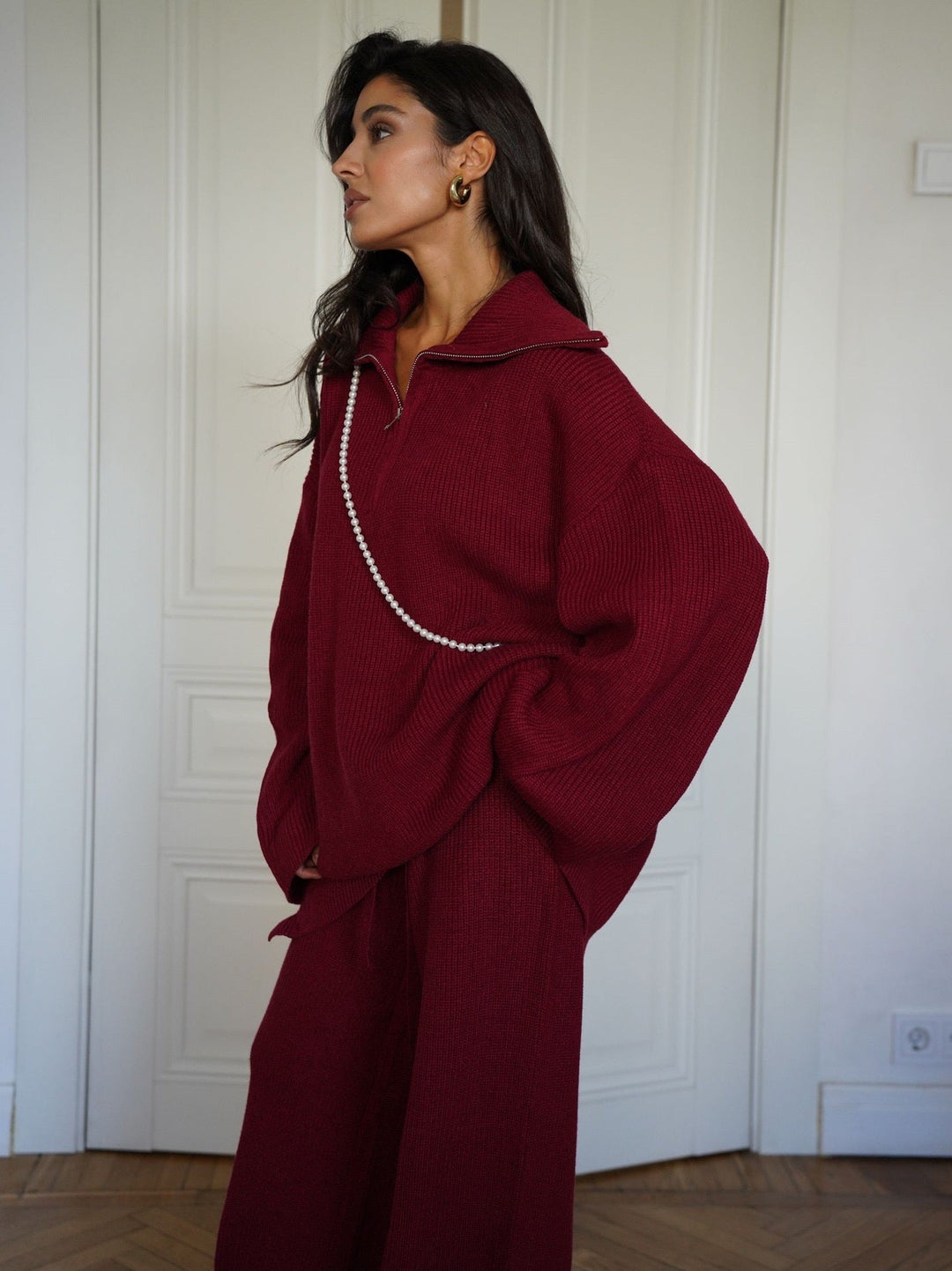 Damen Strick Set Zweiteilig In Bordeaux Mit Hohem Kragen